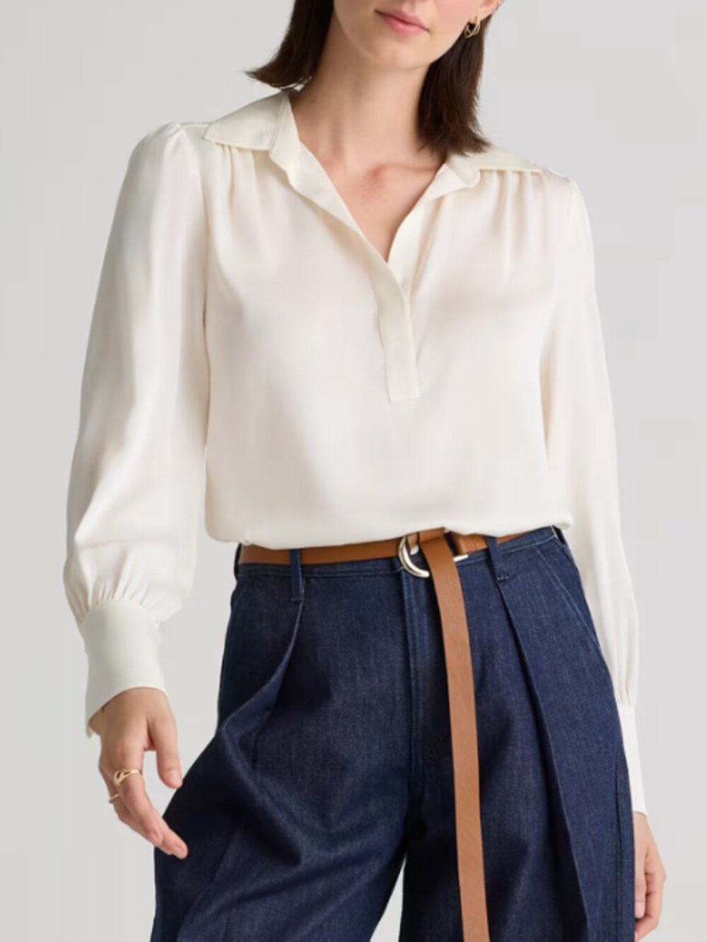Quince Washable Stretch Silk Split Neck Blouse ivory XS NWT